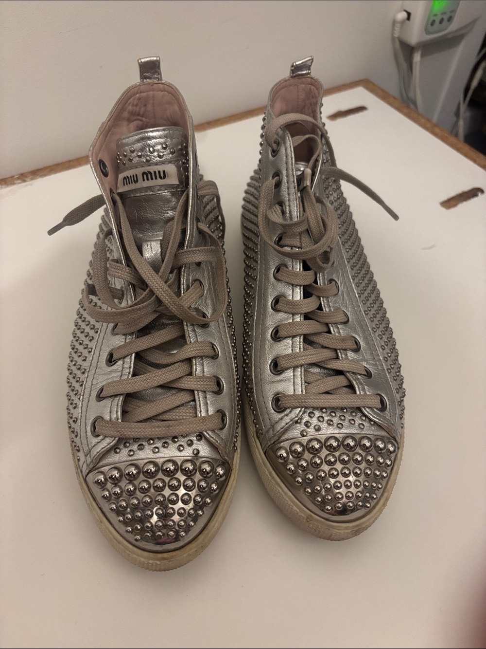 Miu Miu Metallic Silver Stud-Embellished High-Top Sneakers